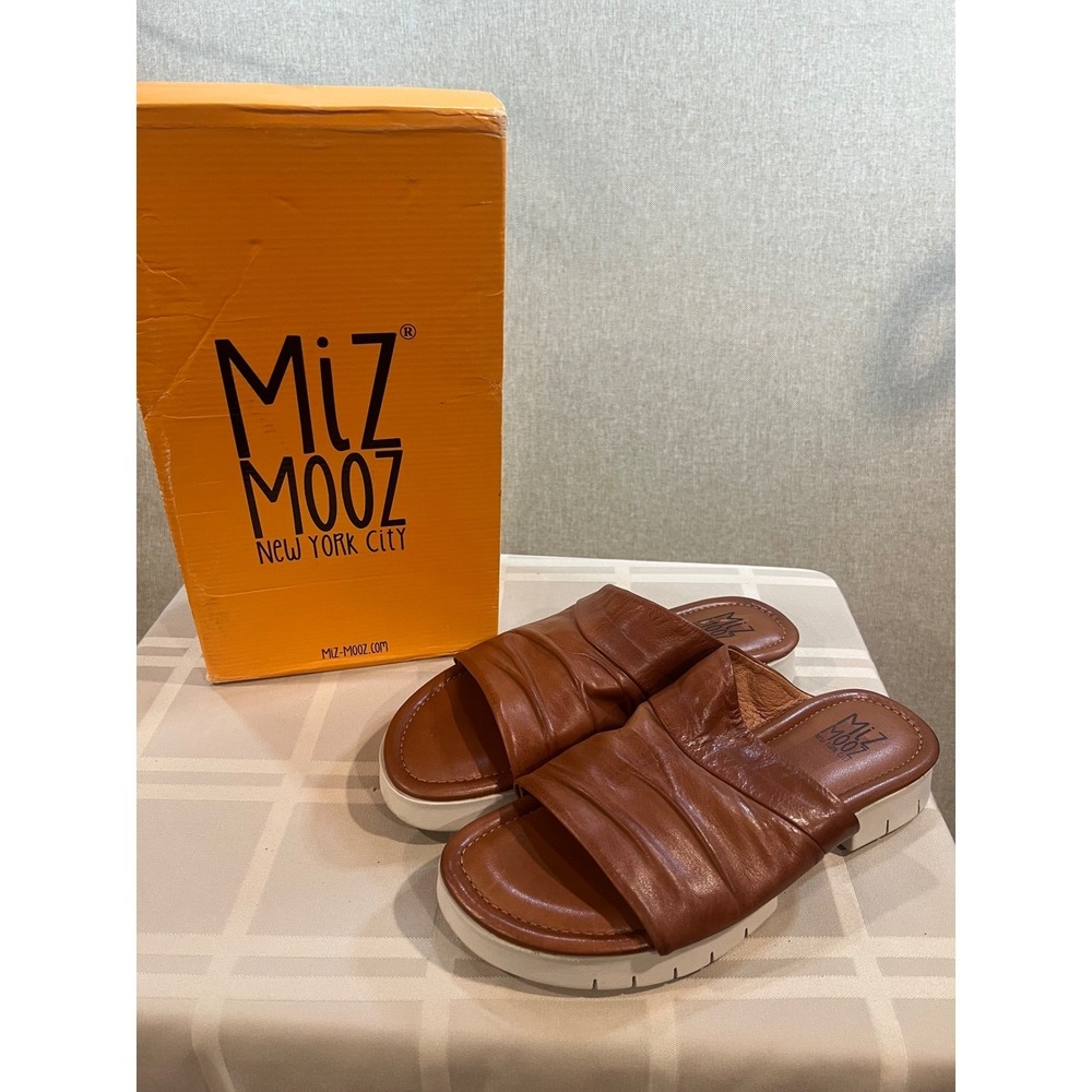 Miz Mooz Claribel Brandy Brown Ruched Leather Slide Sandals Size 41 Lug Sole